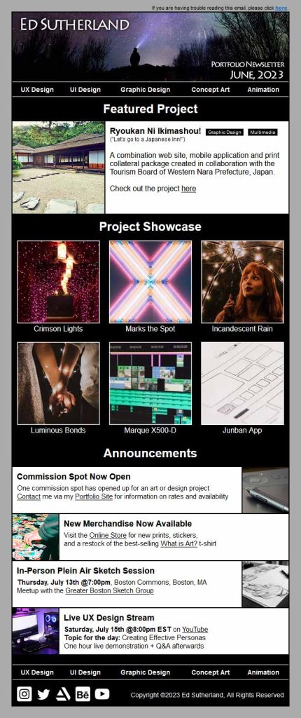 Screen capture of a hand-coded HTML email featuring an online portfolio site.